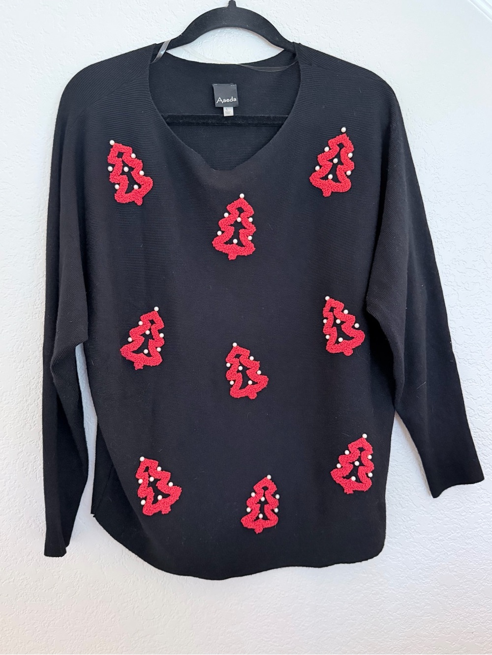 Aaeda Black Sweater with Christmas Tree Appliqués - Size L